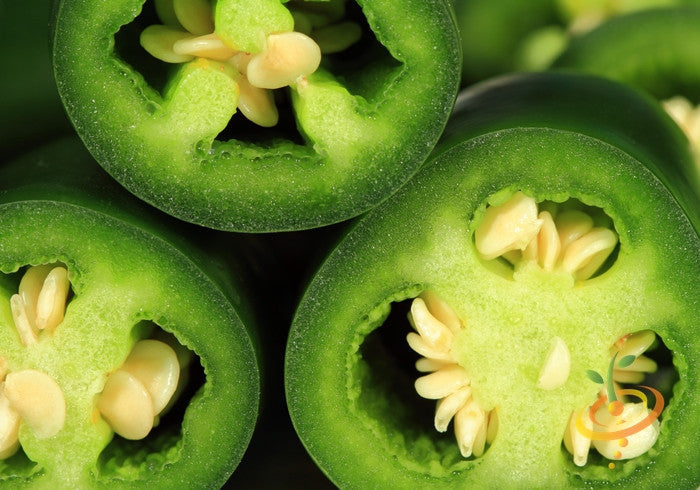 Close-up of sliced green jalapeño peppers showing seeds and texture