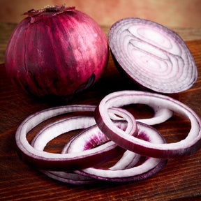 Red Burgundy onion seeds from SeedsNow, close-up of small round seed packets for planting short-day red onion variety.